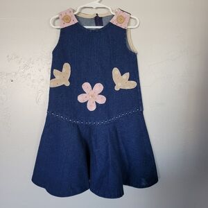 Handmade Denim Dress Soft Jean Sleeveless Twirl Pink Floral Beige Button Girls 5